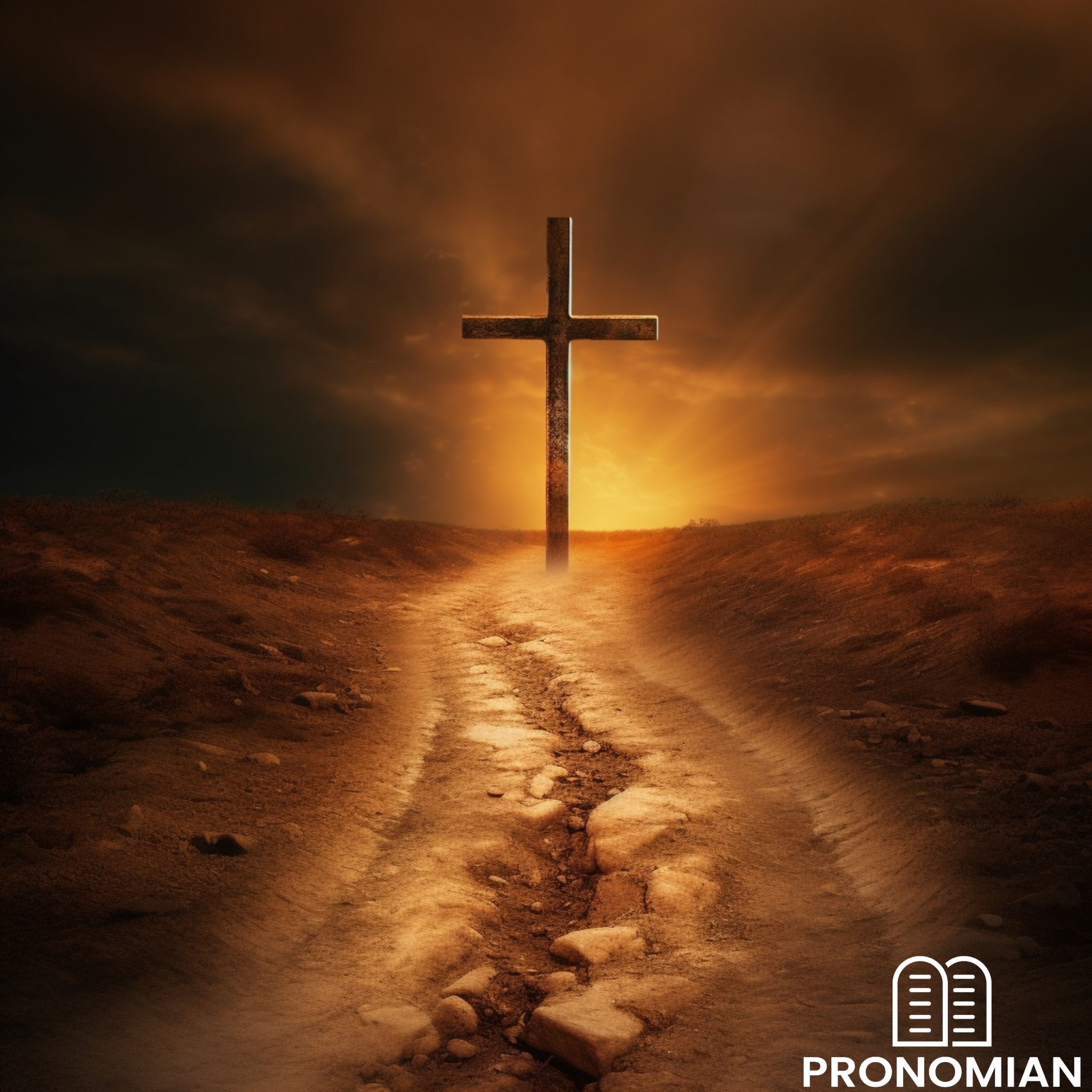 A well-trodden dirt path leads straight towards a glowing, golden cross standing tall at the end of the road. The cross is bathed in a warm, bright light against a slightly dimmed background, symbolizing the hope and truth of salvation exclusively through Jesus Christ. sharp focus, no contrast, cinematic photography