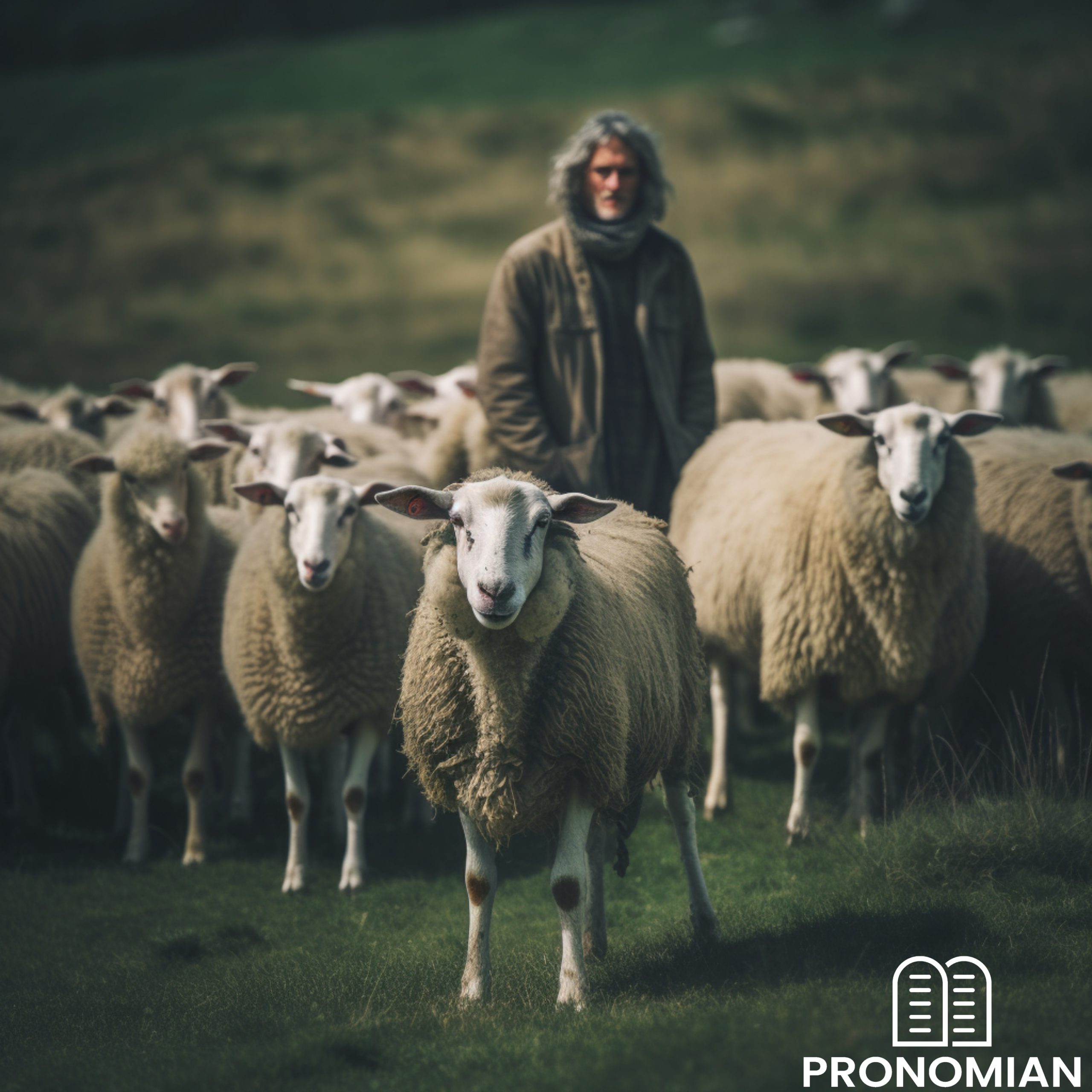 An image showing a flock of sheep peacefully grazing on a green meadow, with one sheep subtly different, revealing wolf eyes or slightly protruding claws, symbolizing a wolf in sheep's clothing. In the background, a watchful shepherd stands with a staff, representing vigilance and discernment against false teachings. no contrast, sharp focus, cinematic photography