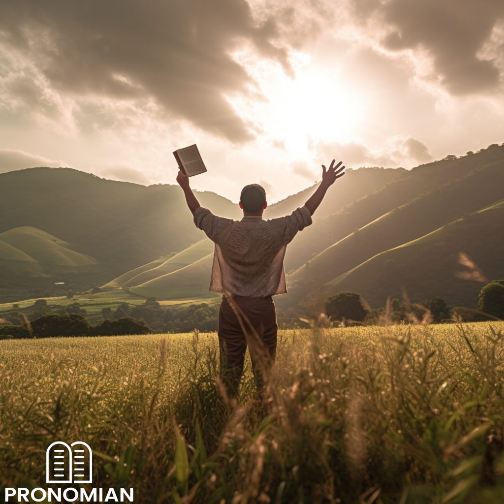 a full body shot of a man standing in a lush field while grasping a bible as he looks towards the sky behind the camera while there is a brilliant sunshine in the background behind the man peaking over a mountain top, no contrast, sharp focus, cinematic photography,