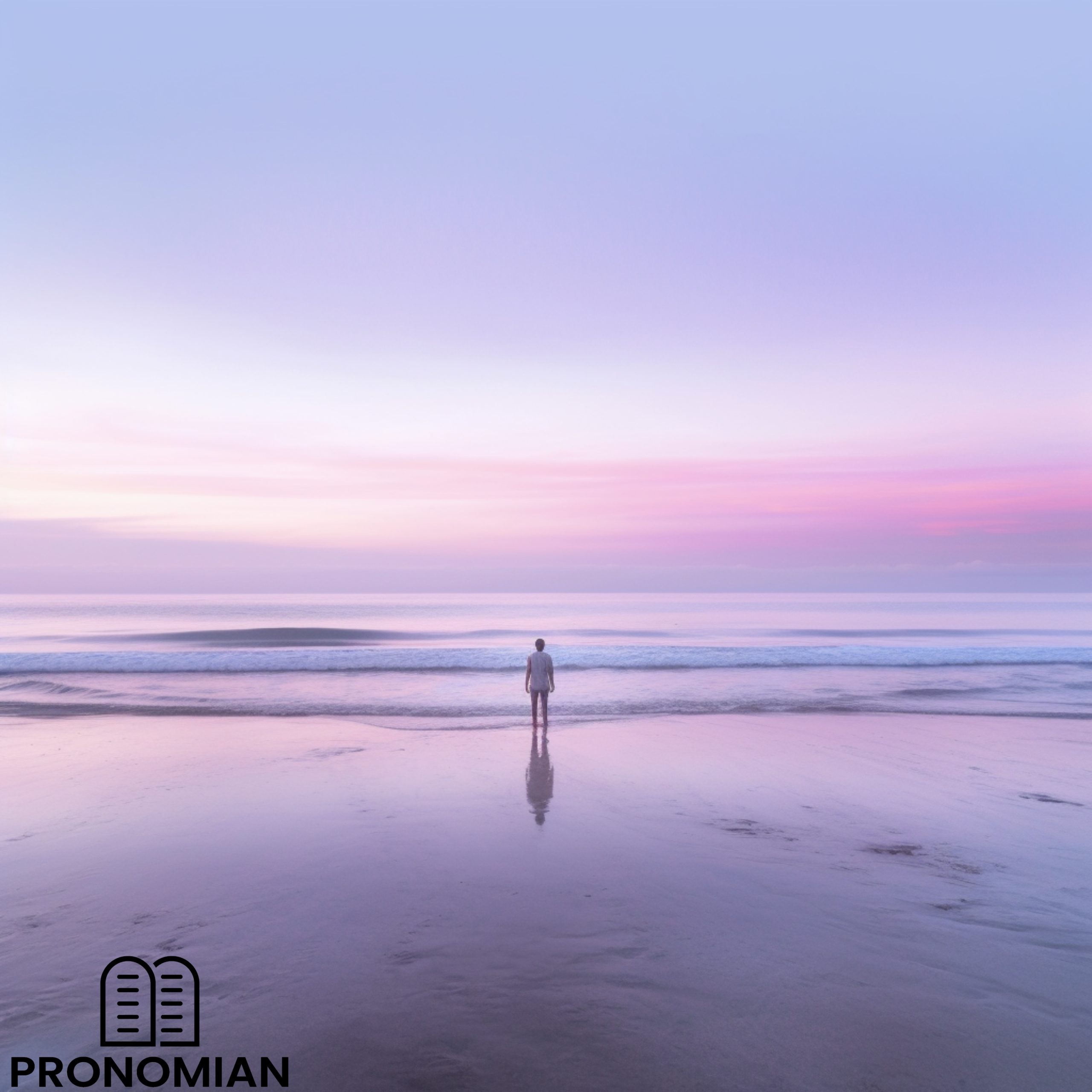 an individual standing at the edge of a vast, expansive ocean, representing the infinite depth and reach of God's grace. Use soothing and peaceful colors, soft blues for the water, and a gradient of lighter blues, purples, and pinks for the sky. The person should appear small compared to the vastness of the ocean, emphasizing our human limitations and the boundless expanse of God's grace. They are looking towards the horizon where the sky and ocean meet, symbolizing our quest to understand God's grace. Overlay the text 'Dive into His Grace' somewhere in the sky area with a gentle and inviting font. The image should evoke feelings of tranquility, awe, and reverence. sharp focus, cinematic photography,