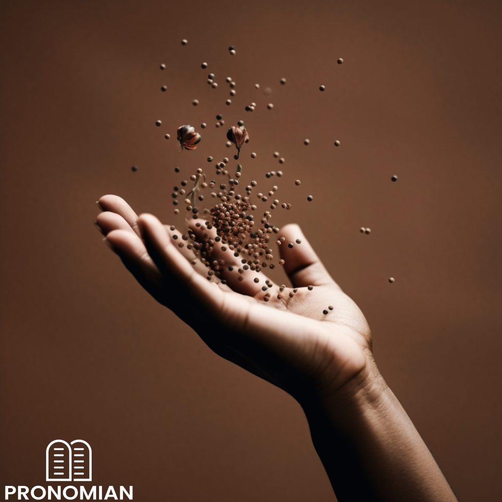 a soft, muted earth-tone background like light brown or beige. The main image is a close-up of a human hand in a darker skin tone, holding a small handful of dark poppy seeds, positioned towards the top right corner. The hand is poised to scatter the seeds, with some still in the hand and others captured in mid-air, falling towards the bottom left corner towards rich, dark soil. Illuminate the scene with a soft, warm light source from the upper left corner, casting long, dramatic shadows and highlighting the texture of the seeds and the hand. Leave space on the upper left corner or the lower right corner for the blog post title or a relevant Bible verse. sharp focus, cinematic photography,