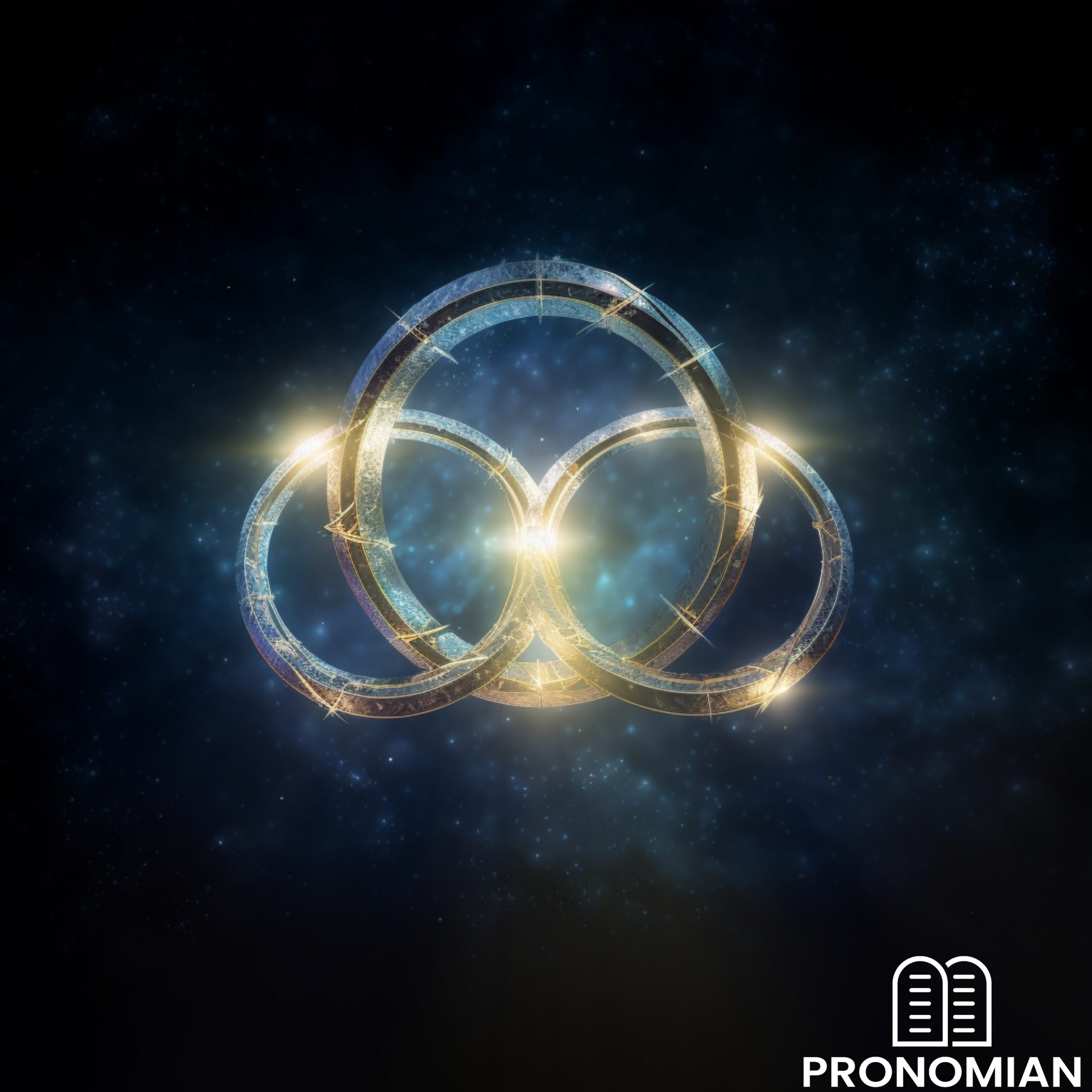 an image of three interconnected rings against a celestial background. Each ring is labeled respectively as Father, Son, and Holy Spirit. The overlapping center area illuminates a gentle glow, symbolizing the unity within the Trinity.