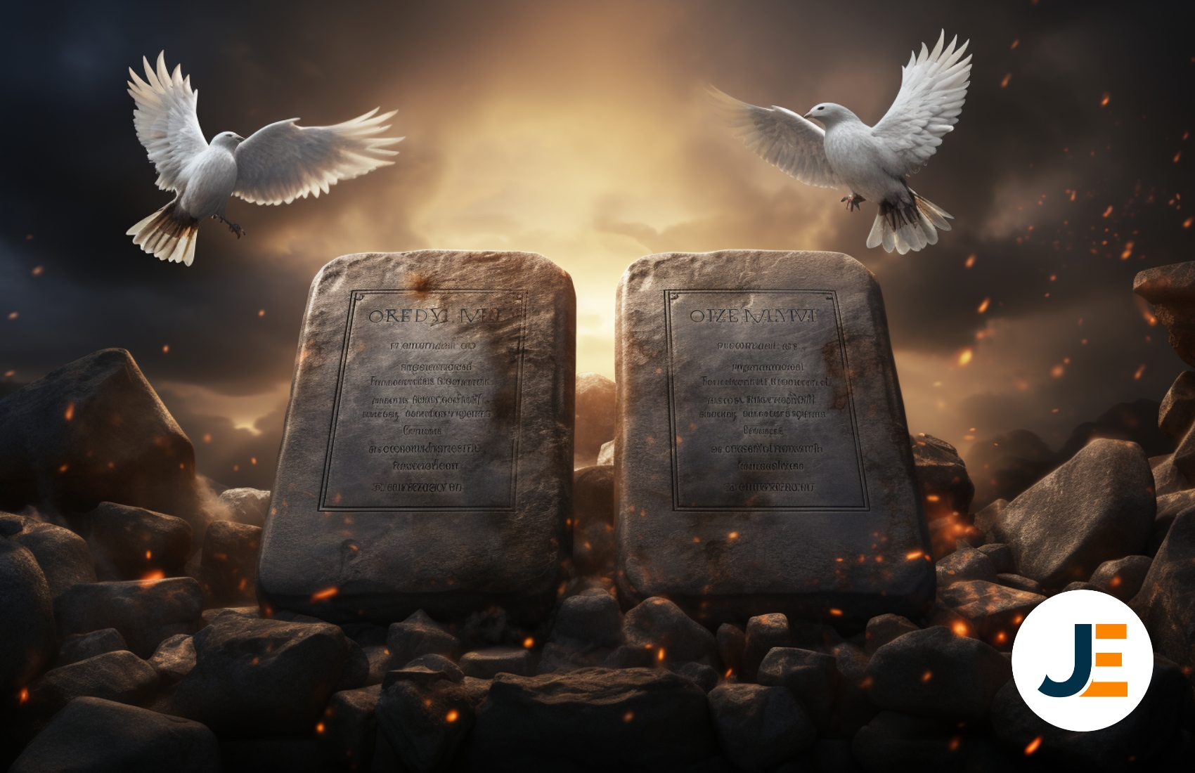 a cinematic photograph of two stone tablets with the ten commandments written on them with a dove pearched on top of one of the two tablets