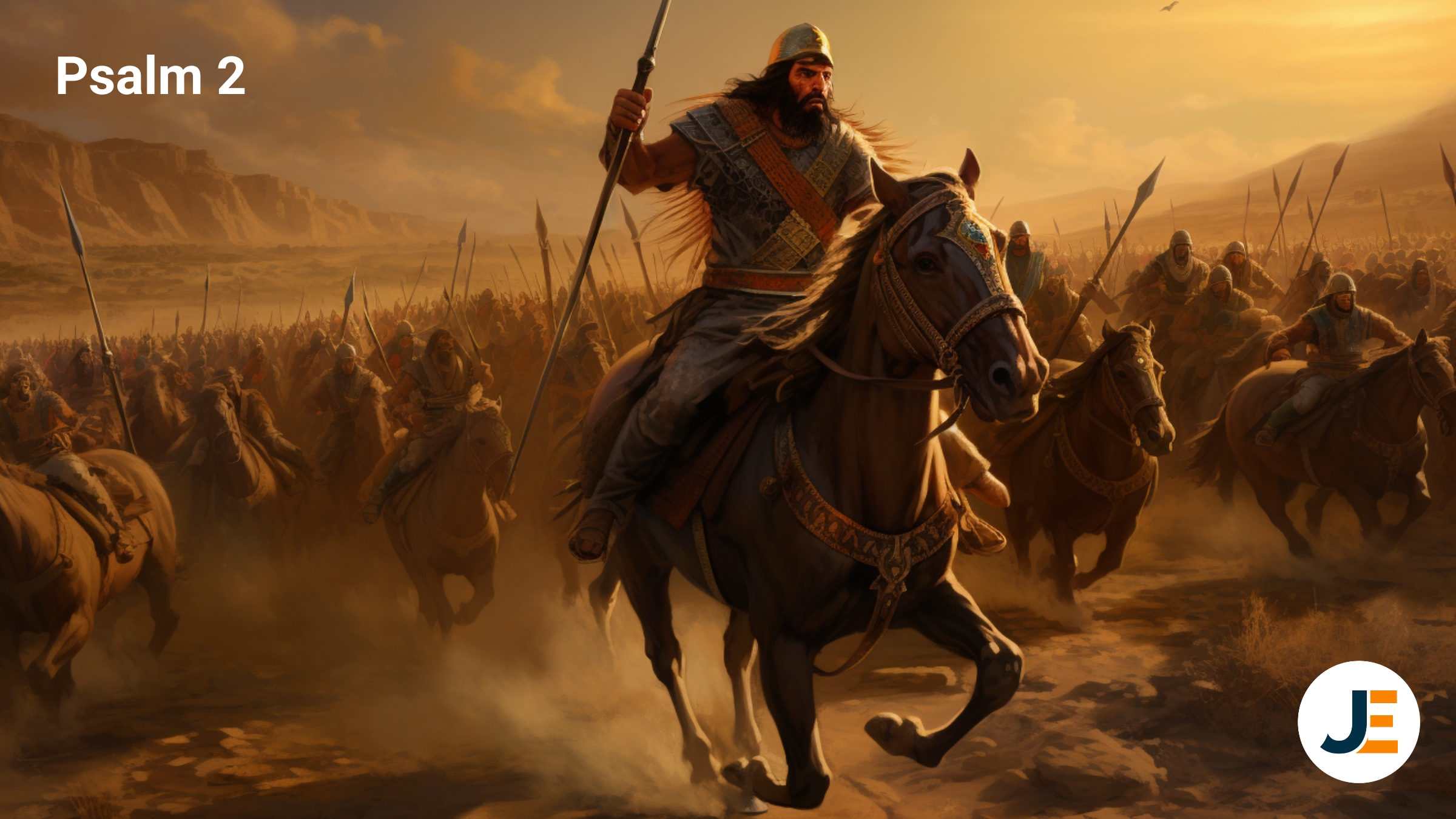 an ancient mesopotamian army riding into battle with swords on a desert battlefield, Israel battle, psalm 2