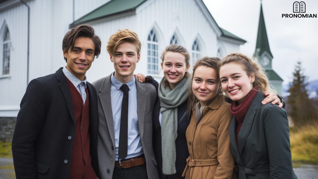 a group of friends standing outside of an old fashioned church building smiling and wearing conservative clothing and hairstyles