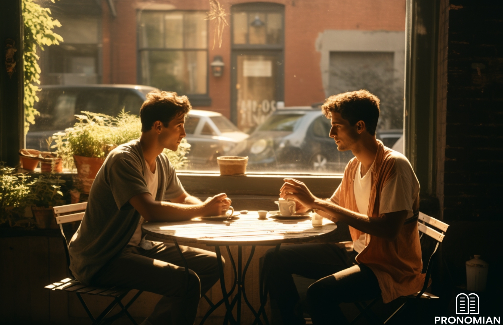 two young men sitting at a table conversing on a bright sunny day, cinematic photography