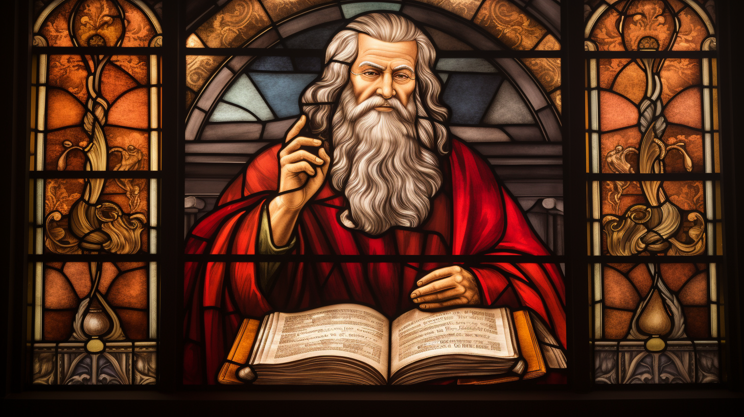a stained glass depiction of moses holding the tablets of the ten commandments