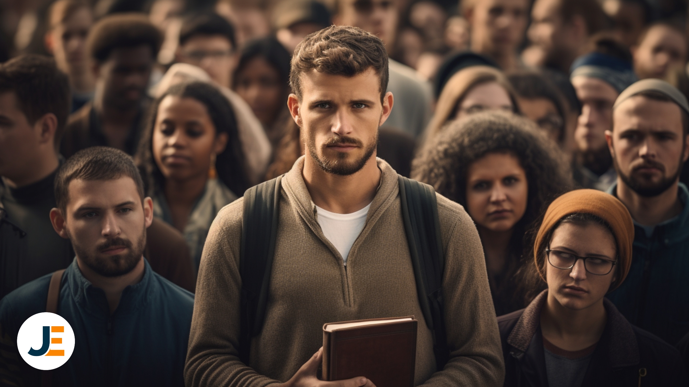 an american man holding a closed bible standing in a crowd of people, the man is looking at the camera with a somber look on his face