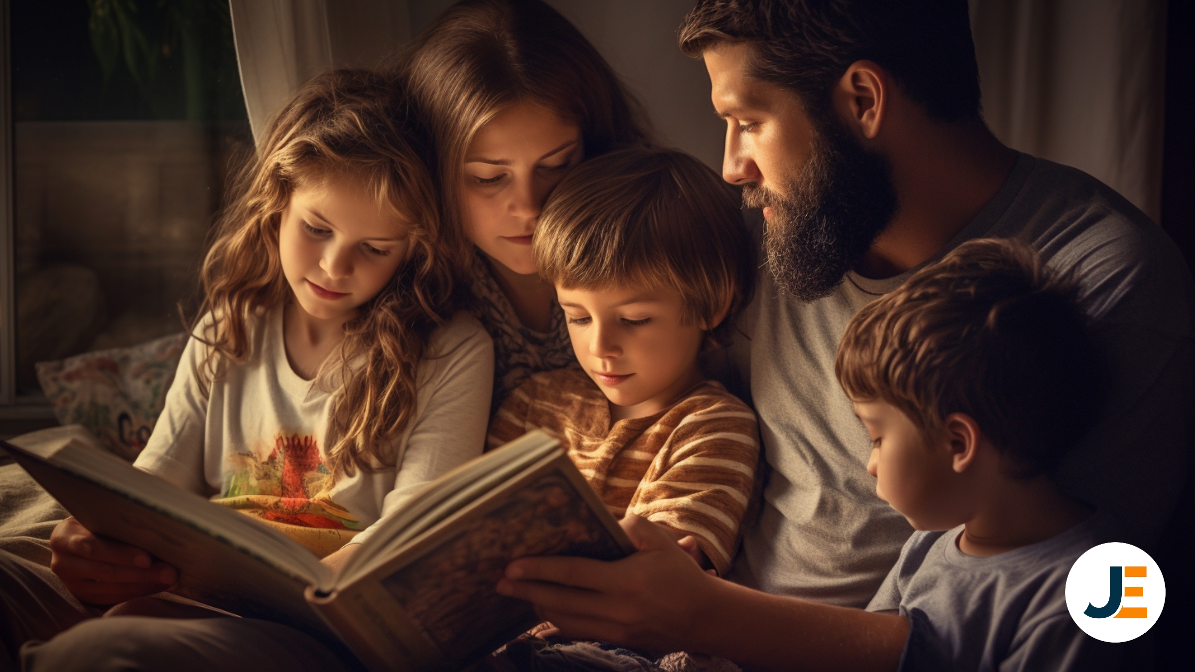 A pronomian mother and father reading a book with their children, one daughter and two sons