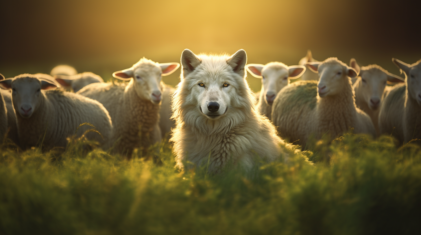 white wolf near group of sheep with the sun setting on them, in the style of dreamy portraits, redshift, fine art photography, photorealistic portraits, false teachers