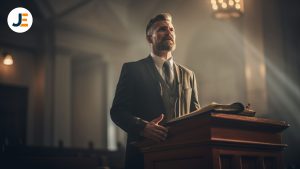 A Pronomian church elder of a Pronomian Christian church teaching from a pulpit, cinematic photography - Pronomian Christianity